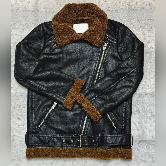 ZARA $170 Textured Shearling Moto Jacket Women's XS (Runs Large) Brown & Black - Picture 7 of 10
